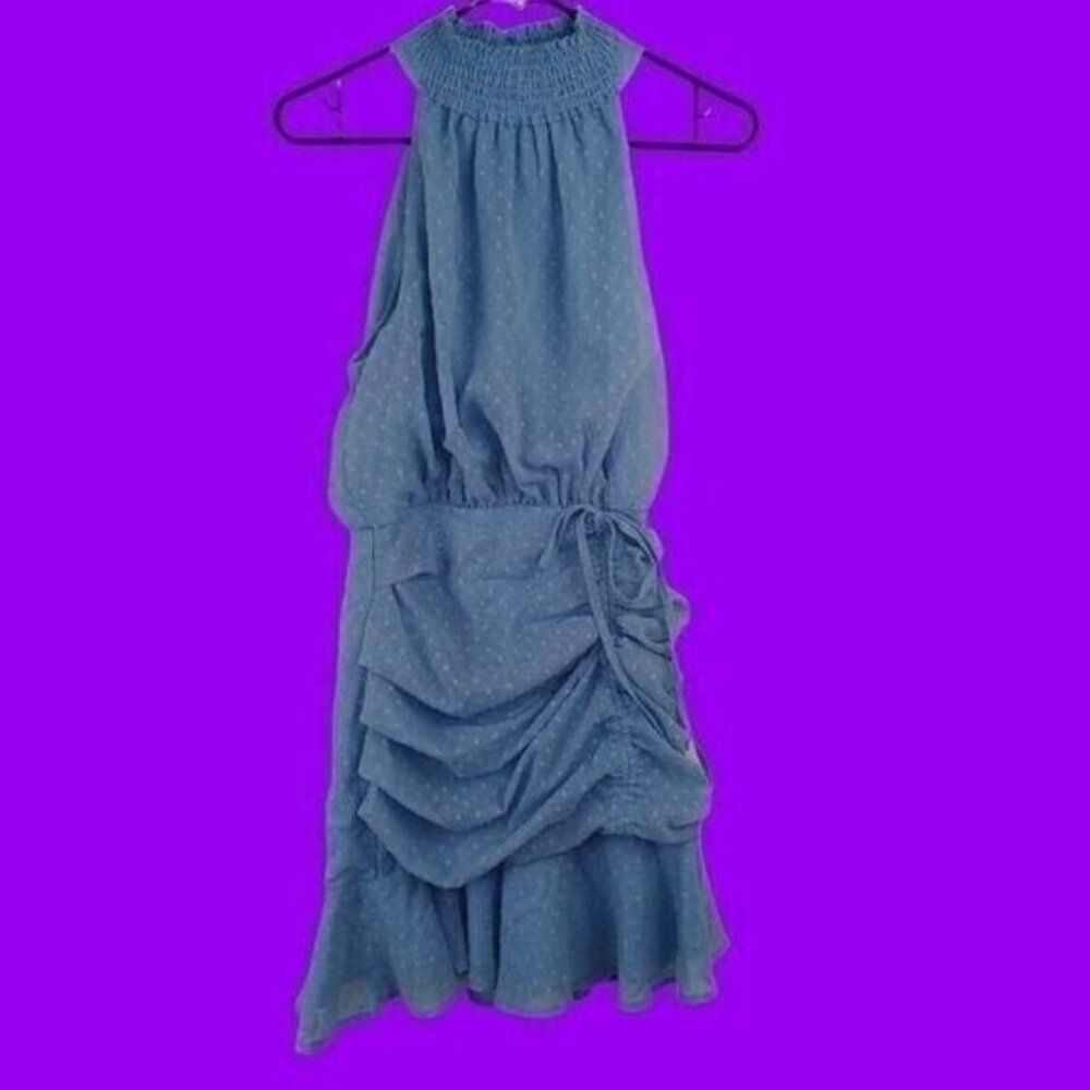 Lulus Womens Blue Halter Dress With Polka Dot Pattern & Ruffle Hem Size L - Picture 2 of 10